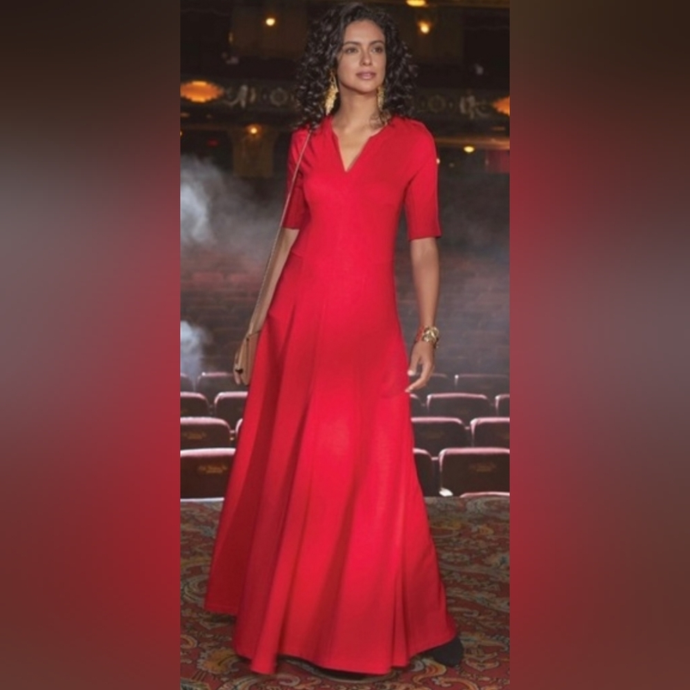 Soft Surroundings Scarletta Maxi Dress Size 8 Red Ponte Knit Elegant Stretch